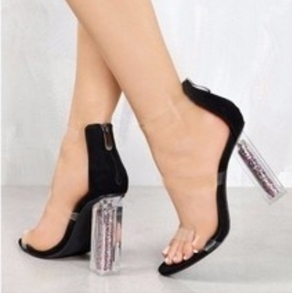 CAPE ROBBIN Maria-7 Lucite Clear Perspex Glitter Block Heel Open Peep Toe Sandal - Picture 2 of 5